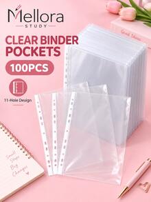 50pcs/100pcs 1pack Clear 11-Hole Binder Pockets, Transparent Plastic Sheet Protector, Loose Leaf Document Storage Pouches For A4 Paper, Office School Filing Supplies - 11-hole Transparent File Bag - View 8