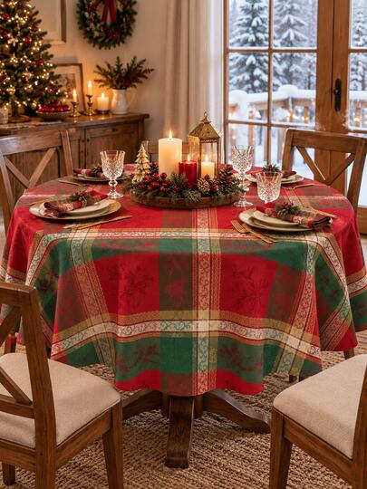 1pc Red Green Vintage Plaid Christmas Tablecloth, Classic Polyester Round Or Square Table Cover With Patchwork Check & Snowflake Detail, Washable Holiday Dining Decor For Christmas Dinner, Winter Party, Kitchen, Dining Room & Home