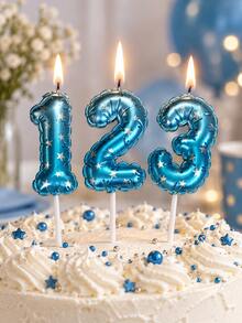 1PC Blue Metallic Number Birthday Candles With Star Pattern, Inflatable Balloon Style Cake Toppers With Long Sticks, Lighted Number Candles For Kids Adults Birthday Party, Anniversary Celebration, Cake Decoration Supplies For European Festive Events - View 1