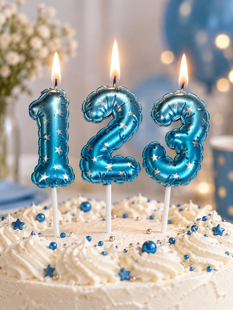 1PC Blue Metallic Number Birthday Candles With Star Pattern, Inflatable Balloon Style Cake Toppers With Long Sticks, Lighted Number Candles For Kids Adults Birthday Party, Anniversary Celebration, Cake Decoration Supplies For European Festive Events - View 1