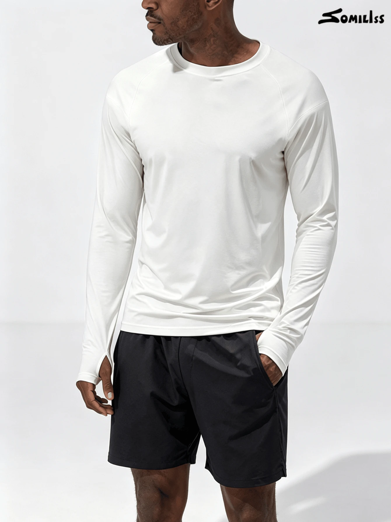 Somiliss Brand Authentic New Style Men's Sun Protection Raglan Round Neck Long Sleeve T-Shirt, Built-In Thumb Hole Design At Cuffs, Soft Sun Protection Fabric Texture, Suitable For Daily Outdoor, Sports Wear, Casual Versatile, Show Your Style, Suitable For Halloween Outfit - White - View 1