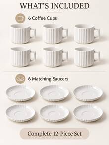 1/6 Sets Optional, Minimalist White Ceramic Coffee Cup & Saucer Set, Nordic Style Striped Latte Espresso Tea Cups, Square Handle Coffee Mug, Home Cafe Afternoon Tea Tableware - Multicolor - View 10