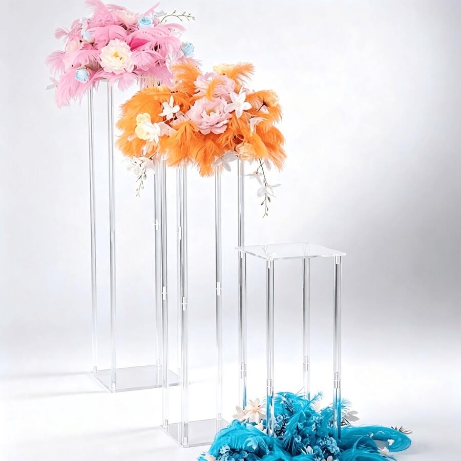 Clear Acrylic Display Stand, Hollow Square Wedding Pillar Flower Rack, Detachable Cake Base Holder, Suitable For Wedding Aisle, Banquet, Party, Window Display, Center Decoration - Transparent - View 1