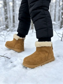 Kids Faux Suede Short Winter Boots, Fuzzy Fleece Cuff Lined Warm Snow Boots, Soft Flat Sole, For Autumn Winter Daily, Outdoor & School Wear - Camel - View 9