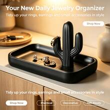 1pc Black & White Cactus Jewelry Storage Rack, Multi-Functional Ring Necklace Earring Display Tray, Minimalist Wabi-Sabi Style Decorative Accessory, Gift For Boys & Girls - Multicolor - View 9