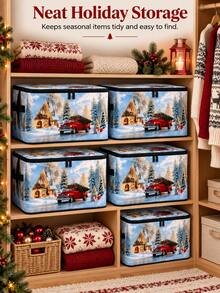 Christmas Foldable Storage Box With Zipper Lid, Foldable Zipper Storage Box, Christmas Storage Bucket With Lid And Handles, Large Capacity Clothing And Bedding Storage Box With Handles, Christmas Tree And Red Truck Pattern Blanket Storage Bucket - Multicolor - View 3