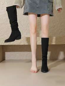 Black Suede Slouchy Tall Boots For Women, Autumn/Winter Vintage Pointed Toe Chunky Heel Ruched Knee-High Riding Boots, Slimming High Shaft Boots - Black - View 4