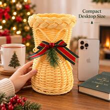 2pcs [A Boot Basket+A Bow]Handmade Rattan Christmas Boots Ornaments With Red Bows, Multifunctional Rattan Boots Modeling Desktop Christmas Decorations, Holiday Candy Baskets And Gift Baskets, Christmas Decorations And Holiday Gifts. - Multicolor - View 7