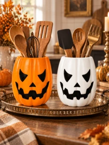 1pc/2pcs Halloween Jack-O'-Lantern Utensil Holder, Pumpkin Face Kitchen Counter Storage Crock, Orange & White 2 Colors, Spooky Tabletop Cutlery Container, Fall Harvest Kitchen Home Decor, Utensils Not Included - Pumpkin Storage - View 10