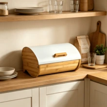 1pc Bamboo Wood Flip-Top Bread Storage Box, Curved Roll Lid With Wooden Handle Design, Dustproof Bread Bin, Kitchen Counter Storage Box, For Bread Storage And Food Organization On Kitchen Counter - Multicolor - View 6