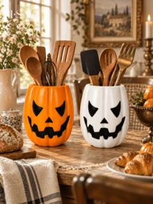 1pc/2pcs Halloween Jack-O'-Lantern Utensil Holder, Pumpkin Face Kitchen Counter Storage Crock, Orange & White 2 Colors, Spooky Tabletop Cutlery Container, Fall Harvest Kitchen Home Decor, Utensils Not Included - Pumpkin Storage - View 7