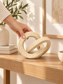 1pc Beige Abstract Geometric Resin Sculpture, Interlocking Ring Knot Decor, Stone-Look Modern Home Decoration, Minimalist Tabletop Ornament For Living Room, Coffee Table, Bookshelf, Entryway, Office Desk, Housewarming Gift - Selected Items - View 1