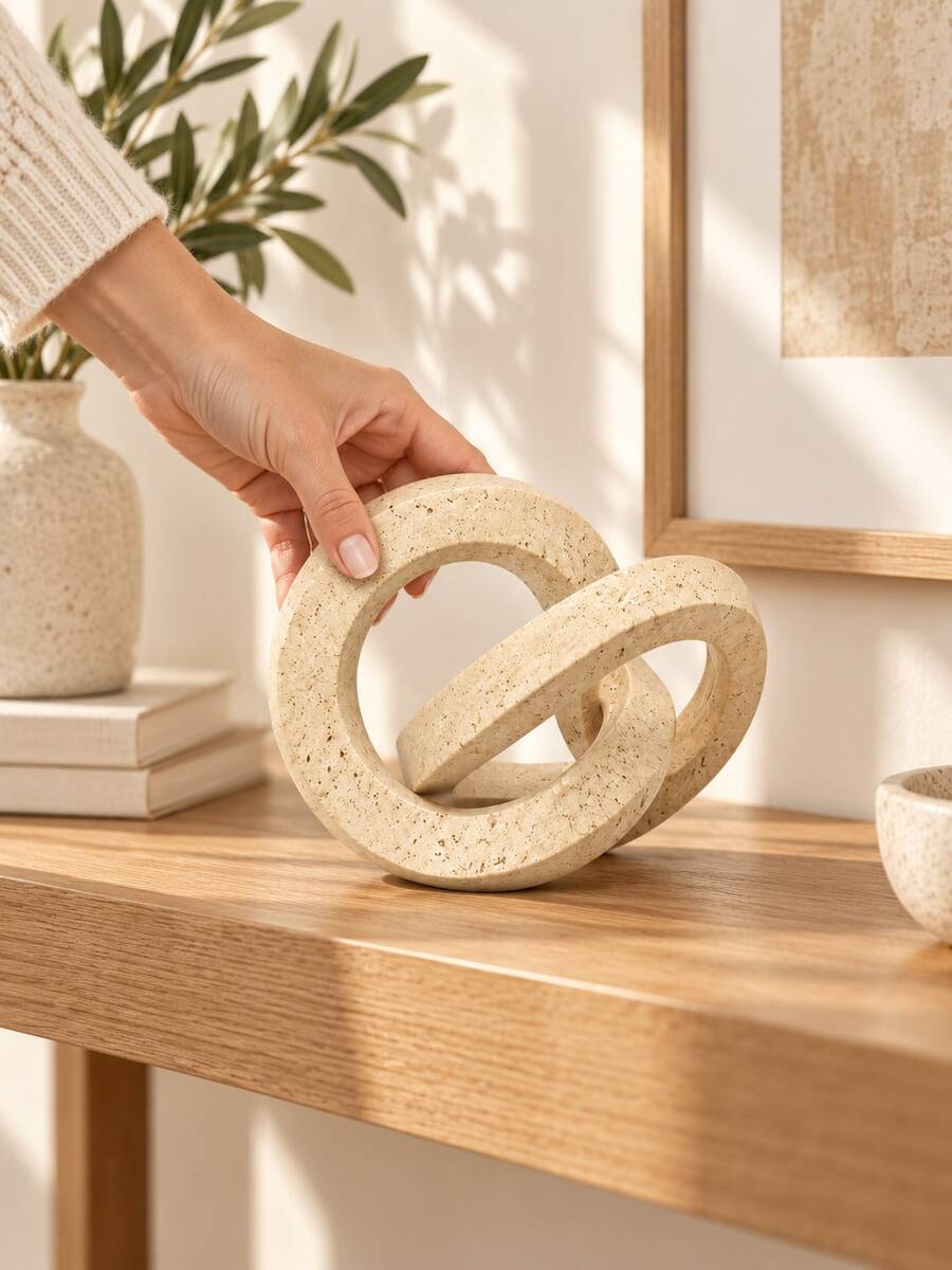1pc Beige Abstract Geometric Resin Sculpture, Interlocking Ring Knot Decor, Stone-Look Modern Home Decoration, Minimalist Tabletop Ornament For Living Room, Coffee Table, Bookshelf, Entryway, Office Desk, Housewarming Gift - Selected Items - View 1