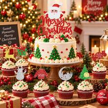 1Pc/16pcs Christmas Cake Topper Merry Christmas Cake Decorations With Santa, Reindeer, Snowman, Christmas Tree, Gift Box And Candy Designs, Red Green Gold Glitter Cake Picks For Holiday Party Supplies - Multicolor - View 4