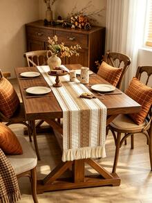 1PC Beige Brown Striped Jacquard Table Runner With Tassels, Boho Farmhouse Rustic Style, Textured Woven Fabric, Lightweight & Washable, Decorative Table Runner For Dining Table, Coffee Table, Wedding, Thanksgiving, Halloween,Autumn Party Decoration - Khaki - View 5