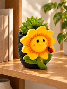 Cute Sunflower Face Planter Pot With Ladybug, Decorative Succulent Plant Pot, Smiling Flower Plant Container For Indoor Home Garden, Desktop, Window Sill & Shelf Decor - A - View 5