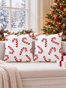 2pcs Candy Cane Christmas Pillow Cases, Red And White Holiday Throw Pillow Covers, Single-Sided Print, Pillow Insert Not Included - Multicolor - View 11