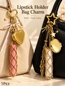 1 قطعة حقيبة شبكية معدنية منسوجة لحفظ أحمر الشفاه مع سلسلة مفاتيح على شكل قلب ونجمة، مرآة مكياج قابلة للطي، حقيبة تخزين ملمع الشفاه، قلادة إكسسوار محمول للتعديل السريع، ضروري لإطلالة الخريف - متعدد الألوان - مشاهدة 1