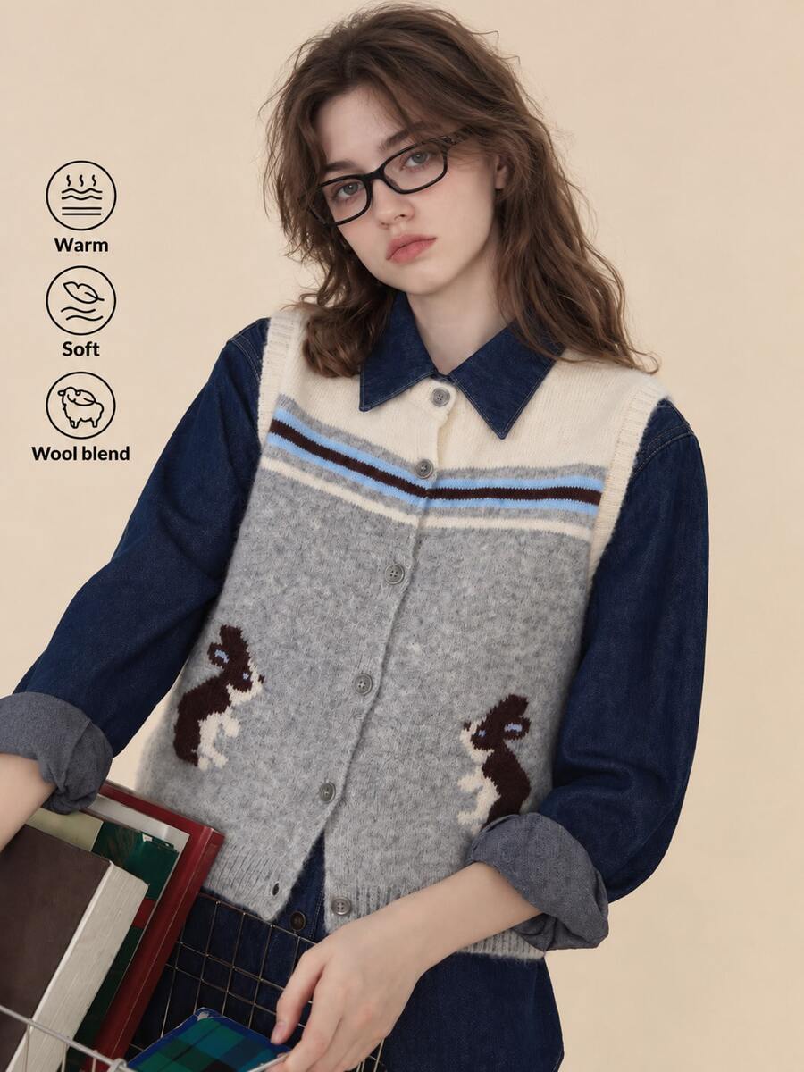 Alicedudu Women's Autumn Vintage Animal Print Cardigan Sweater Vest Fall - Light Grey - View 1