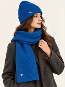 Women's Autumn/Winter Solid Color Knit Hat & Scarf 2pcs Set, Simple Versatile Face-Slimming Warm Beanie Set - Multicolor - View 16