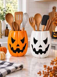 1pc Halloween Pumpkin Face Utensil Holder, 2 Colors Jack-O'-Lantern Kitchen Counter Storage Crock, Decorative Cutlery Container For Kitchen Countertop, Halloween Fall Home Decor, Utensils Not Included - Multicolor - View 4
