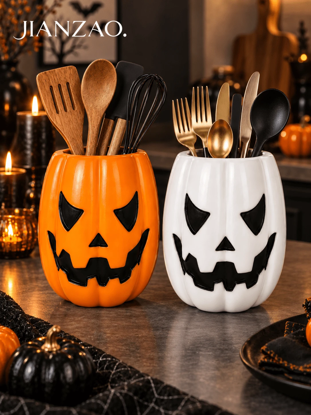 1pc Halloween Jack-O'-Lantern Utensil Holder, Pumpkin Face Kitchen Counter Storage Crock, 2 Colors Orange & White, Decorative Cutlery Container For Countertop, Fall Harvest Kitchen Decor - Multicolor - View 1
