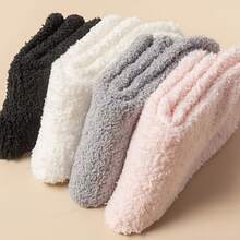 4 Pairs Women's Coral Fleece Mid-Calf Socks, Thick Warm Fuzzy Home Sleep Socks, Soft Plush Non-Shedding Skin-Friendly Elastic Cuff Without Tightening Calves, Bedroom Floor Wearable Winter Indoor Anti-Cold Socks For Girls - Multicolor - View 6
