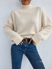 Women's High Neck Drop Shoulder Knit Sweater, Loose Fit Solid Color Basic Casual Pullover Top, Suitable For Weekend Gatherings And Daily Occasions - White - View 4