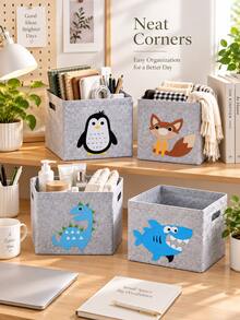 1PC Foldable Felt Storage Bin With Cute Animal Applique, Square Nonwoven Fabric Organizer Basket With Side Handles, Collapsible Cube Storage Box For Closet, Shelf, Bedroom, Dorm, Office, Books, Clothes, Towels And Daily Household Essentials - Lion - View 7