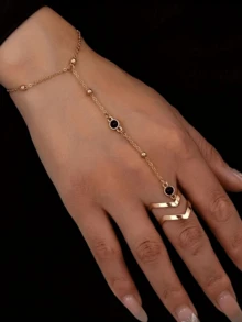 1pc Fashionable Elegant Personalized Black Acrylic Design Linked Finger Bracelet - Multicolor - View 5