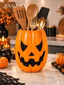 1pc Halloween Jack-O'-Lantern Utensil Holder, Pumpkin Face Kitchen Counter Storage Crock, 2 Colors Orange & White, Decorative Cutlery Container For Countertop, Fall Harvest Kitchen Decor - Multicolor - View 7