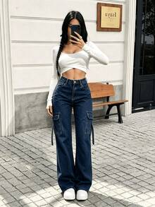 Pantalones vaqueros casuales de mezclilla para mujer, diseño de pierna recta, tejido elástico, bolsillos con botones, cierre de cremallera. - 2077 Azul de trabajo - Ver 4