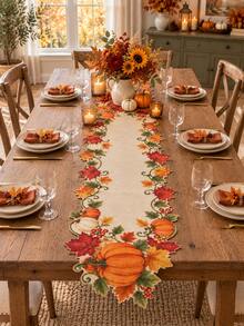 1pc-Thanksgiving Harvest Table Runner, Fall Pumpkin Maple Leaves Cutout Table Runner, Rustic Farmhouse Autumn Table Decor, Seasonal Tabletop Centerpiece For Dining Room Kitchen Party Holiday Home Decor - Multicolor - View 14