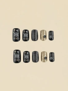 24 Pieces Black Background Gold Glittering Snowflake Star Christmas Holiday Fake Nails, Medium-Long Rectangular Style Accessories - Gold - View 3