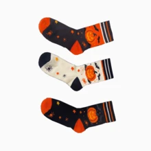 3 Pairs Halloween Pumpkin Bat Crew Socks, Soft Cotton Holiday Printed Casual Socks - Multicolor - View 5