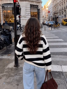 كنزة صوفية محبوكة مخططة بياقة دائرية للنساء، قصة فضفاضة بأكتاف منسدلة، ملابس علوية علوية بطراز عتيق، مناسبة للحرم الجامعي والحفلات والمناسبات اليومية - أبيض وأسود - مشاهدة 3