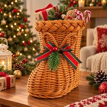 2pcs [A Boot Basket+A Bow]Handmade Rattan Christmas Boots Ornaments With Red Bows, Multifunctional Rattan Boots Modeling Desktop Christmas Decorations, Holiday Candy Baskets And Gift Baskets, Christmas Decorations And Holiday Gifts. - Multicolor - View 6