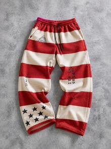Krometka Men's American Vintage Striped Star Print Wide Leg Sweatpants, High Street Distressed Drawstring Elastic Waist Straight Leg Casual Long Pants - Red - View 5