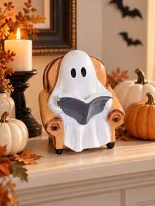 1pc Reading Ghost Figurine, Cute Ghost Sitting In Armchair With Book, Halloween Tabletop Decoration, Soft Spooky Fall Home Decor, Bookshelf Desk Mantel Ornament, Autumn Seasonal Decorative Statue - 1PC - View 4