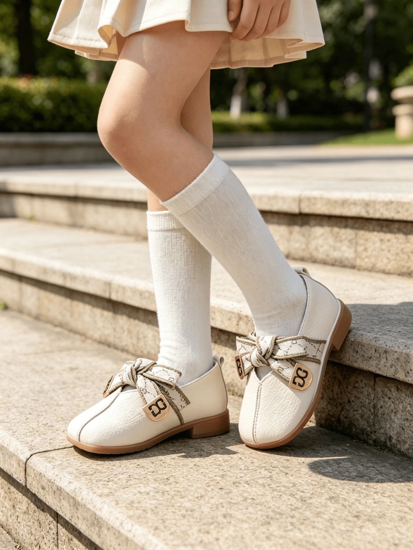 Girls' Faux Leather Square Toe Slip-On Flat Shoes, Soft Sole Dress Flats, Suitable For Autumn Back To School, Daily, Party, Outdoor Wear - Champagne - View 1