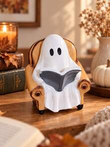 1pc Reading Ghost Figurine, Cute Ghost Sitting In Armchair With Book, Halloween Tabletop Decoration, Soft Spooky Fall Home Decor, Bookshelf Desk Mantel Ornament, Autumn Seasonal Decorative Statue - 1PC - View 10