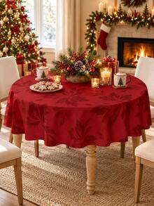 1pc Red Floral Christmas Tablecloth, Elegant Polyester Round Or Square Table Cover With Tonal Botanical Pattern, Soft Washable Dining Table Decor For Christmas Dinner, Holiday Party, Winter Home, Kitchen & Dining Room - Multicolor - View 17