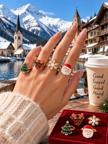 4pcs American Winter Limited Edition Christmas Style Exquisite Women's Ring Set, Small & Beautiful Open Adjustable Finger Ring Set, Fashion Personalized Jewelry Gift Suitable For Daily Wear, Perfect Party And Holiday Gift, Versatile Accessory For Casual And Vacation Outfits For Men And Women - Multicolor - View 2