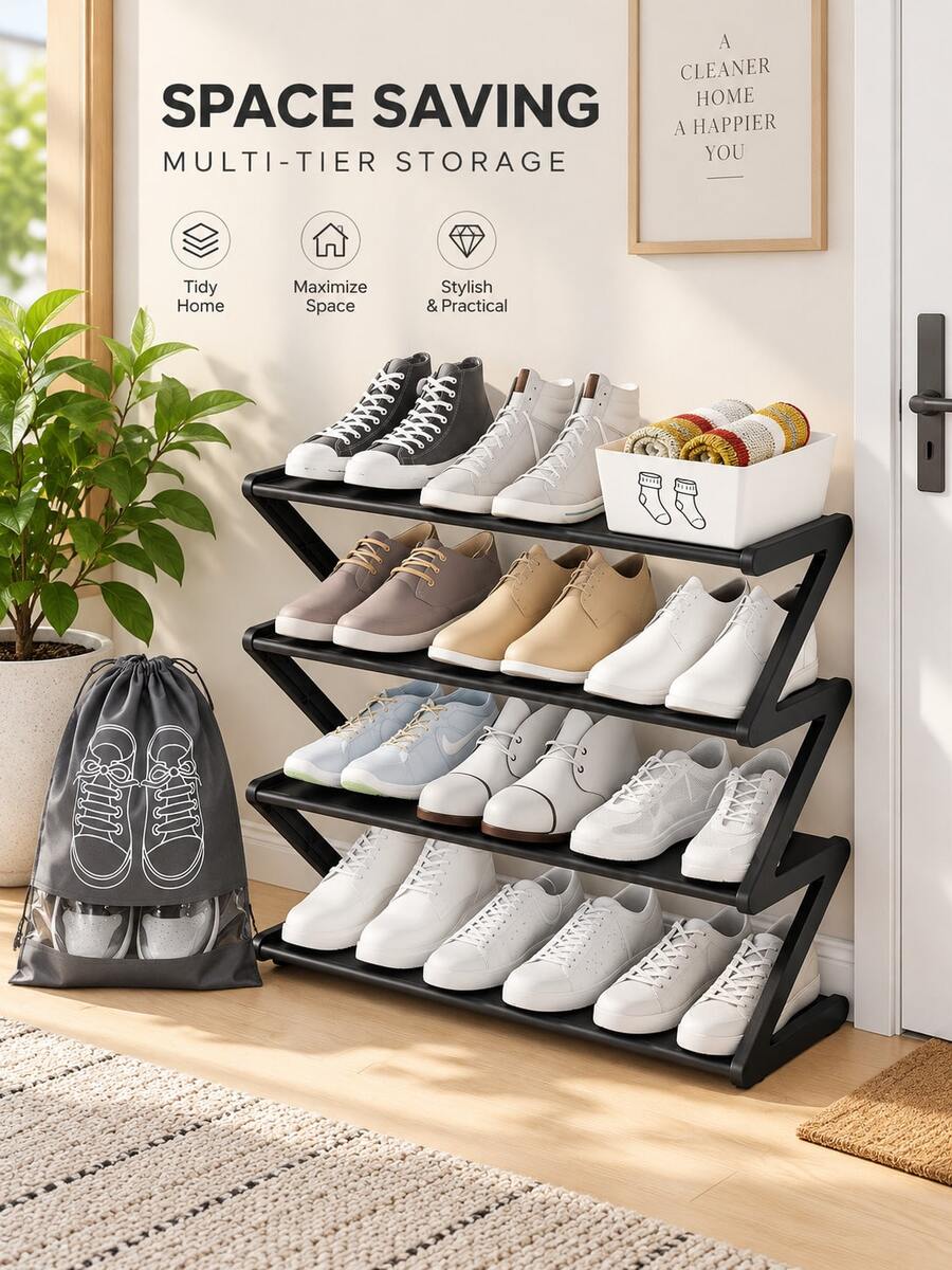 1 Set/1 Piece Shoe Rack And 5 Pieces Shoe Storage Bags Black 4-Tier Shoe Rack Set, Space-Saving Multi-Layer Shoe Rack, Open Design Easy Access, Suitable For Sneakers, Boots And Casual Shoes, Applicable For Entryway, Bedroom, Closet, Dormitory And Apartment, Home Storage, Back To School Season, Autumn/Winter And Holiday Storage, Better Effect With Matching Shoe Storage Bags - Multicolor - View 1