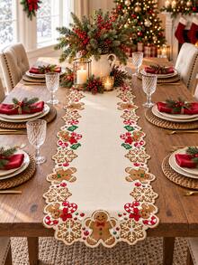 1pc-Christmas Gingerbread Man Cutout Table Runner, Xmas Candy Cane Snowflake Table Runner, Rustic Farmhouse Holiday Table Decor, Seasonal Tabletop Centerpiece For Dining Table Kitchen Party Winter Christmas Home Decorations - Multicolor - View 7