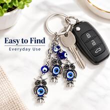 1pc Blue Bead Owl Keychain, 3 Owl Dangle Bag Charm, Vintage-Style Lightweight Key Ring For Handbag, Backpack, Car Keys & Travel - Multicolor - View 7