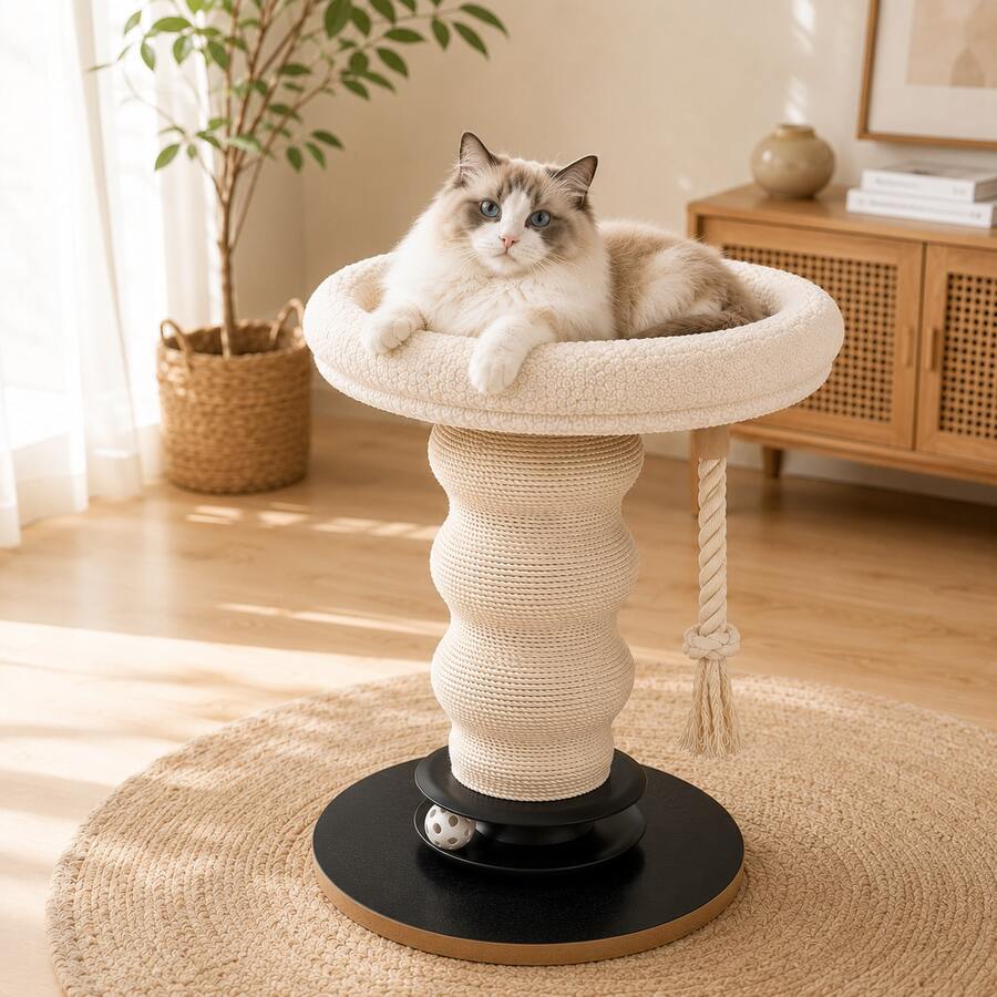 Modern Cat Tree Tower With Plush Bed, Natural Sisal Scratching Post, Cooling Mat, Hanging Rope & Rolling Ball For Indoor Cats