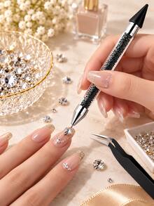 Black Rhinestone Picking Wax Pencil For Nail Art Creation - Dual-Tip Diamond Painting Dotting Tool With 2 Spare Wax Tips And Curved Tweezers, Designed For Flat Back Gemstone Inlay, 5D Diamond Painting And DIY Crafts - C - View 3