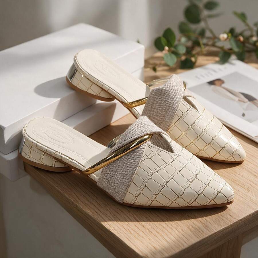 Women Pointed Toe Embossed Backless Mules, Beige Slip On Slide Sandals, Linen Strap Gold Decor Low Block Heel Elegant Summer Shoes - Apricot - View 1