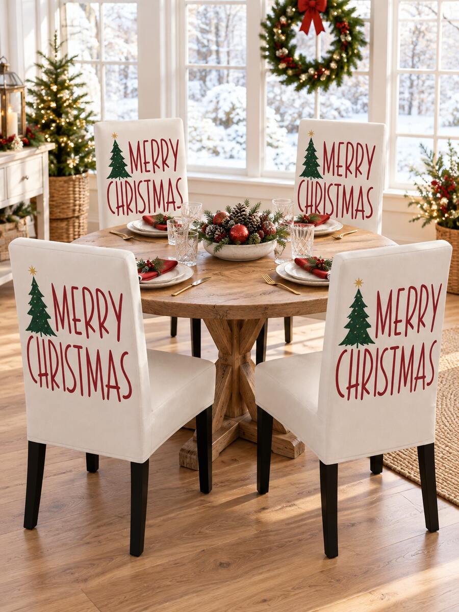 2/4/6pcs Christmas Tree & Merry Christmas Letter Chair Covers, Minimalist Farmhouse Style Cream Base With Red & Green Print, Suitable For Dining Room Decor, Family Gatherings & Christmas Party Decoration - B - View 1